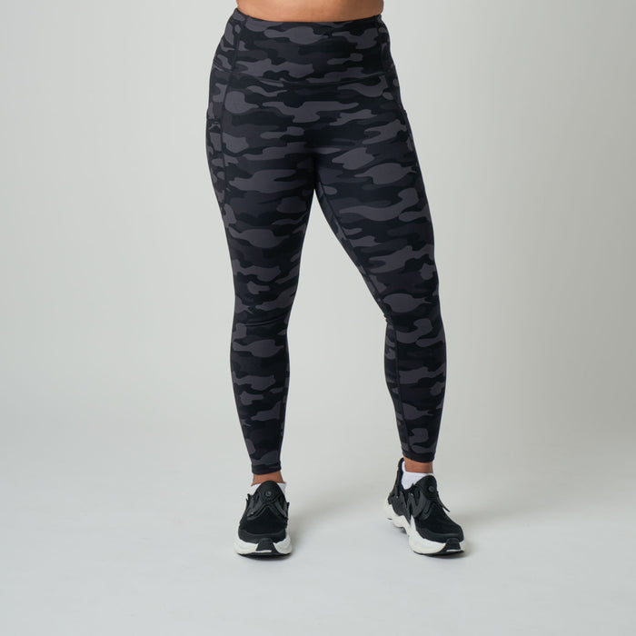 Person wearing black camouflage leggings on a gray background