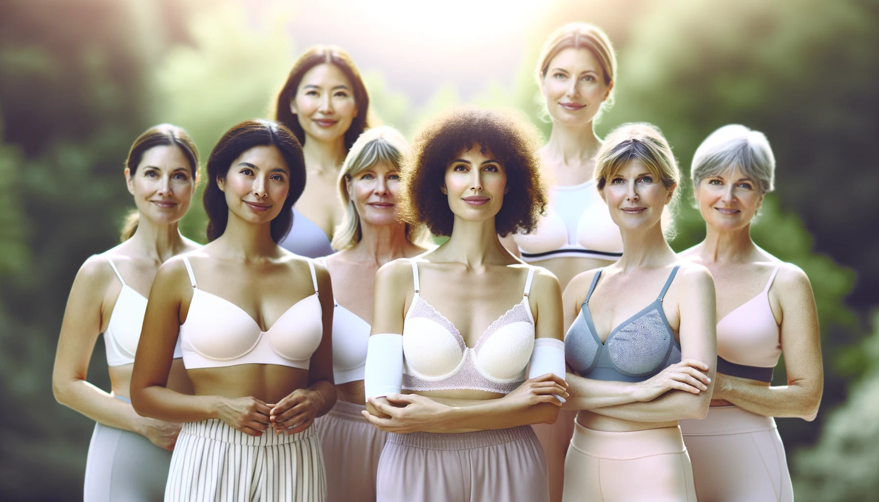Group of women standing outside in just their bras.