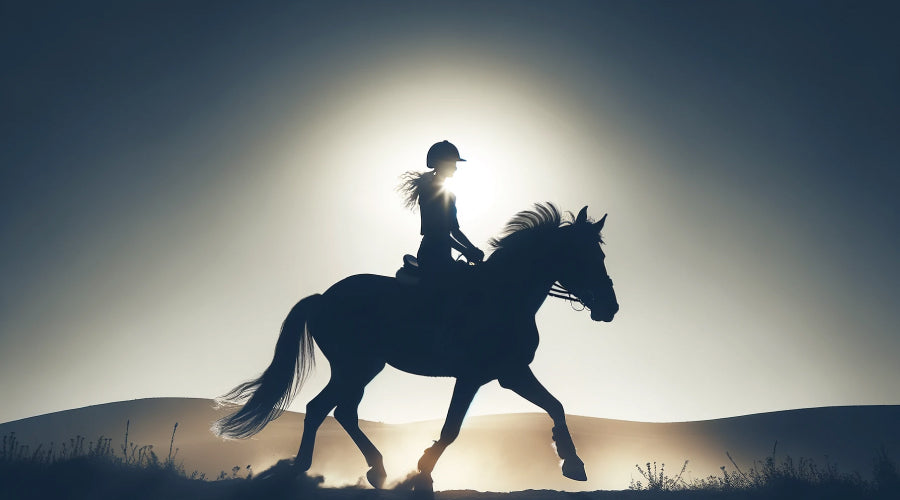 Silhouette of a girl riding a horse with a mountain behind her